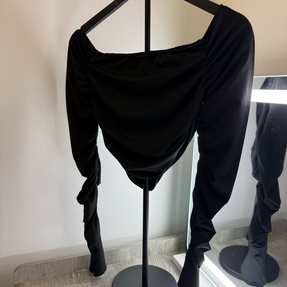SHEIN Black Ruched Long Sleeve Blouse